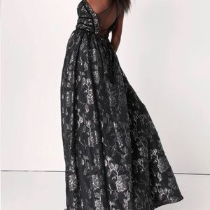 Sleek Shine Black Floral Jacquard Lace up Maxi Dress